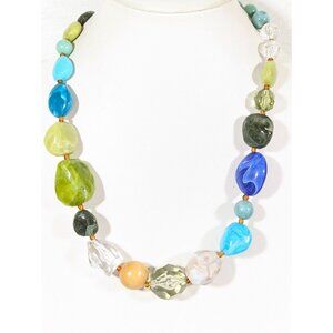Boho Coastal Blue Green Chunky Bead Statement Necklace 28 in